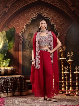 Stylum - Red Solid and Embroidered Georgette Crop Top with Palazzo and Shrug