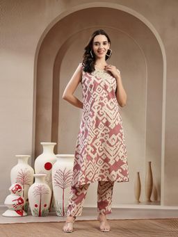 Stylum - Mauve Print Cotton A-Line Kurta with Pant
