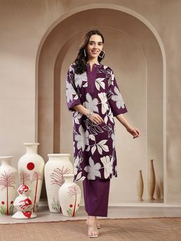 Stylum - Purple Floral Printed Cotton Straight Kurta with Palazzo