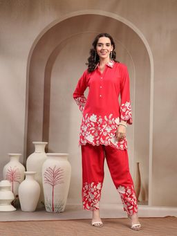 Stylum - Red Solid and Embroidered Rayon Co-Ord Set