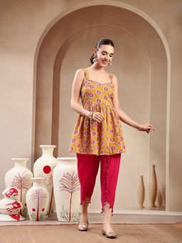 Stylum - Mustard Ajrakh Printed Cotton A-Line Kurti with Dhoti