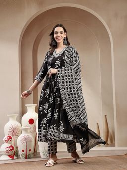 Stylum - Black Floral Printed Cotton Anarkali Kurta with Pant and Dupatta