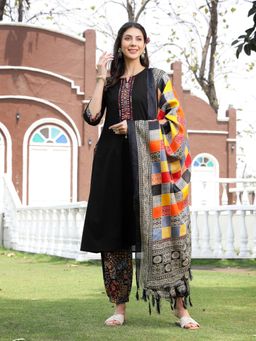 Stylum - Black Embroidered Cotton A-Line Kurta with Salwar and Dupatta