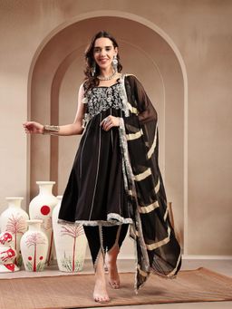 Stylum - Black Embroidered Cotton A-Line Kurta with Dhoti and Dupatta