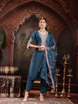 Stylum - Blue Embroidered Straight Kurta with Pant and Dupatta