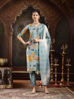 Stylum - Blue Floral Printed Straight Kurta with Pant and Dupatta