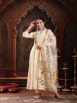 Stylum - Cream Embroidered A-Line Kurta with Pant and Dupatta