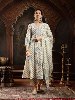 Stylum - Cream Floral Printed Cotton Flared Kurta with Pant and Dupatta