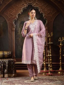 Stylum - Lavender Embroidered Straight Kurta with Pant and Dupatta