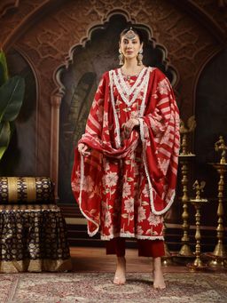 Stylum - Maroon Floral Printed Cotton Flared Kurta with Pant and Dupatta