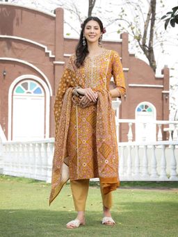 Stylum - Mustard Embroidered Cotton Straight Kurta with Pant and Dupatta