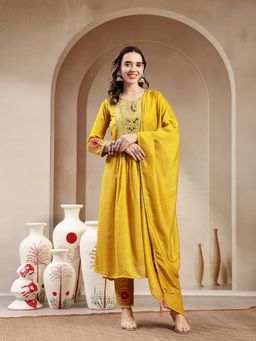 Stylum - Mustard Embroidered A-Line Kurta with Pant and Dupatta