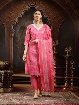 Stylum - Pink Bandhani Printed Straight Kurta with Pant and Dupatta
