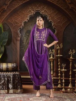 Stylum - Purple Printed and Embroidered Straight Kurta with Pant and Dupatta
