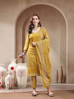 Stylum - Mustard Bandhani Printed Straight Kurta with Pant and Dupatta