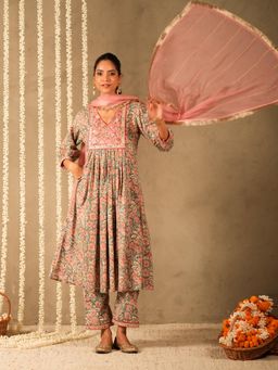 Akiso - Green Floral Printed Long Kurta with Pant and Dupatta