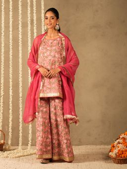 Akiso - Pink Floral Printed Kurta with Sharara and Dupatta