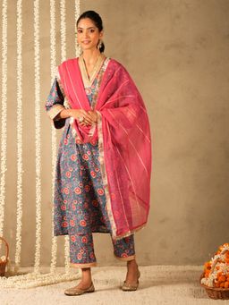 Akiso - Blue Floral Printed Long A Line Kurta with Pant and Dupatta
