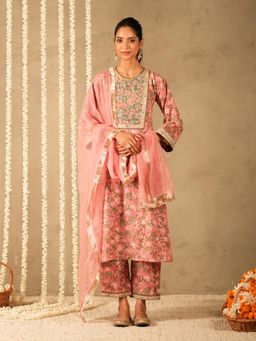 Akiso - Pink Floral Printed Kalidar Kurta with Yoke with Pant and Dupatta
