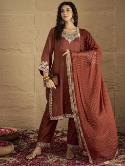 Varanga - Brown Embroidered Straight Kurta with Pant and Dupatta