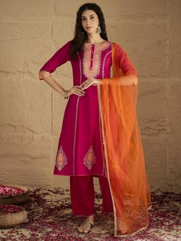 Varanga - Pink Zari Embroidered Yoke Kurta with Pant and Dupatta