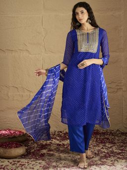 Varanga - Blue Bandhani Zari Embroidered Kurta with Pant and Dupatta