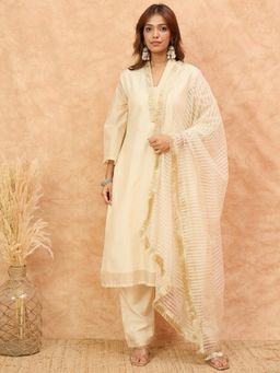 Varanga - Cream Brocade Shimmer Zari Embroidered Kurta with Pant and Dupatta