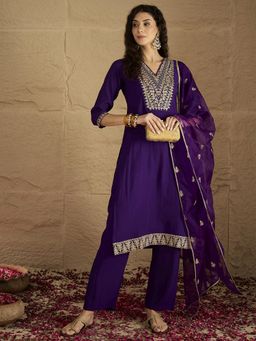 Varanga - Zari Embroidered Yoke Kurta with Pant and Sequins Detailed Dupatta