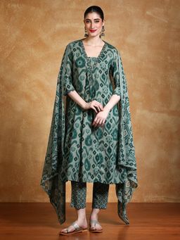 Varanga - Ikat Printed Thread Embroidered Flared Kurta with Pant and Dupatta