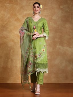 Varanga - Floral Thread Embroidered Kurta with Pant and Dupatta