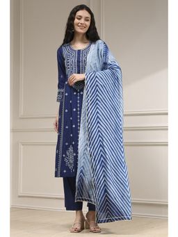 Biba - Blue Viscose Rayon Straight Dyed Kurta with Pant and Dupatta