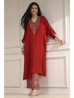 Biba - Red Satin Straight Dyed Kurta with Pant
