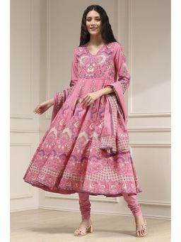Biba - Light Pink Cotton Anarkali Printed Kurta with Leggings and Dupatta