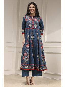 Biba - Blue Cotton Anarkali Printed Kurta with Pant