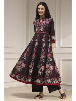 Biba - Brown Cotton Anarkali Printed Kurta with Pant
