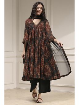 Biba - Black Gathered Printed Kurta with Pant and Dupatta