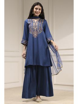 Biba - Navy Blue Viscose Rayon Straight Dyed Kurta with Palazzo and Dupatta