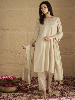 Varanga - Beige Gota Patti Kurta with Pant and Dupatta