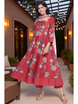 W - Garnet Red Printed Flared Kurta with Pant and Dupatta