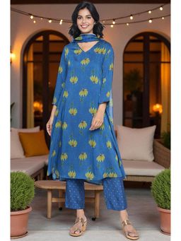 W - Tropical Blue Printed Flared Kurta with Pant and Dupatta