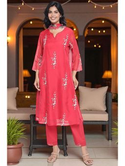 W - Red Embroidered Printed Straight Kurta with Pant and Dupatta