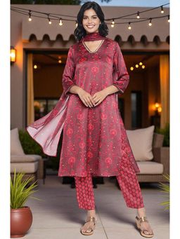 W - Brown Printed Japanese Satin Kurta with Pant and Dupatta
