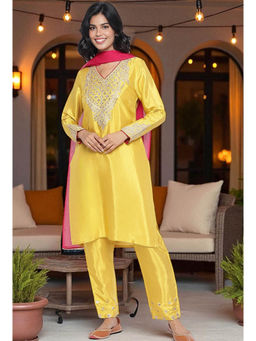 W - Yellow Embroidered Shantung Straight Kurta with Pant and Dupatta