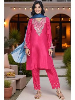 W - Pink Embroidered Shantung Straight Kurta with Pant and Dupatta