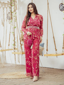 Label Swish - Swish Boss Wine Floral Flap Top with Embellished Belt and Flare Leg Palazzo (Set of 4)