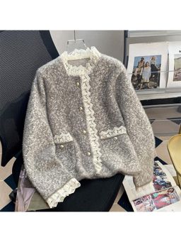 MISS MOSA BY AKANKSHA - Livia Lace Winter Fur Cardigan In Grey