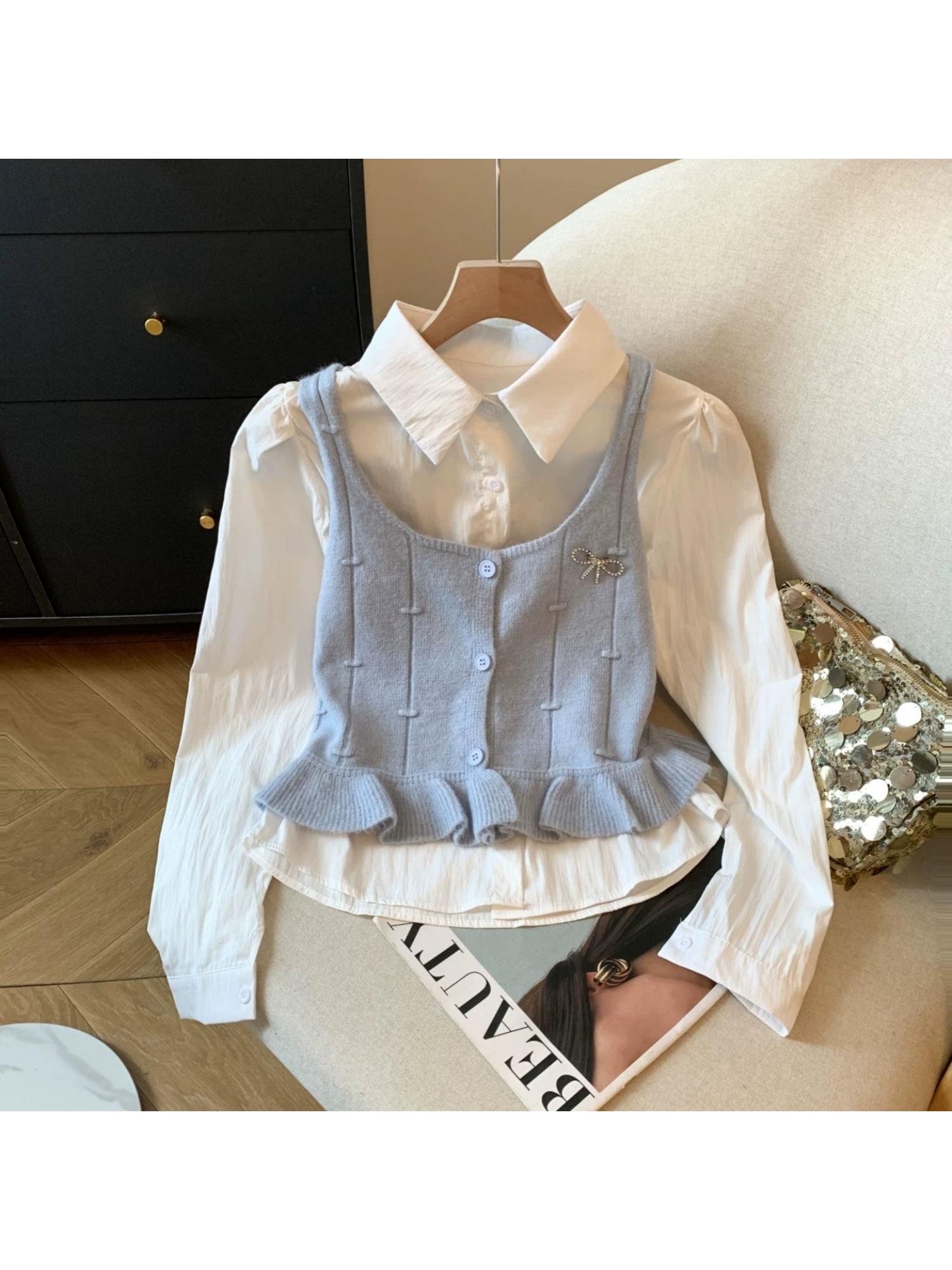 Orlane Two Piece Shirt and Knit Vest Set In White-image-3