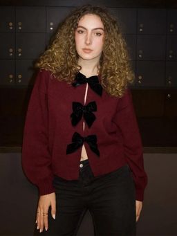 MISS MOSA BY AKANKSHA - Topaz Bow Oversized Cardigan In Maroon