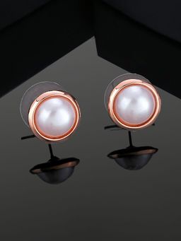 Estele - Rose Gold Plated Round Stud Earrings with White Pearl for Girls & Women