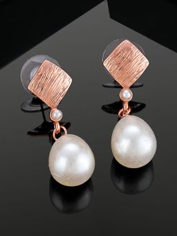 Estele - Rose Gold Plated Textured Drop Earrings with White Pearl for Girls & Women